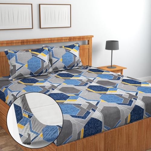 Image of Jashan Premium Cotton Fitted Bedsheets with 2 Pillow Covers for King Size Bed | 200-220 TC | Size 78x72+10 Inches | Grey & Blue | Soft, Durable, All-Around Elastic Modern Design