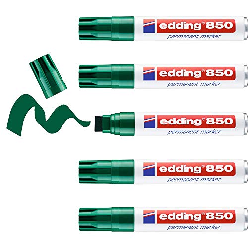edding 850 permanent marker - green - 5 pens - chisel tip 5-15 mm - for bold markings -waterproof, quick-drying, smear-proof pens - for cardboard, plastic, glass, wood, metal and fabric