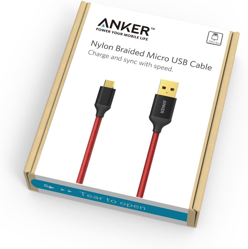 Anker 10ft / 3m Nylon Braided Tangle-Free Micro USB Cable with Gold-Plated Connectors for Android, Samsung, LG, HTC, Nexus, Sony and More (Red)