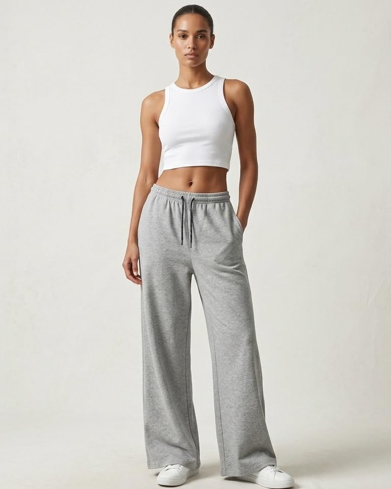 Image of Women's Wide Leg Track Pants with Elastic Waist & Drawstring | Soft Breathable Relaxed Fit Trousers | Casual Lounge Travel Wear for Women & Girls