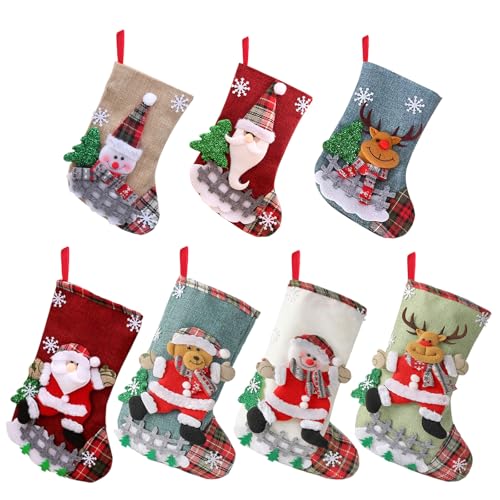WUSUPU Calza di Natale Set 7 Pezzi Calze Natalizie da Appendere,Calzini Decorativi Natalizi,Calza di Natale Camino,per la Famiglia Decorazione di Natale Xmas Character Holiday Party Decor