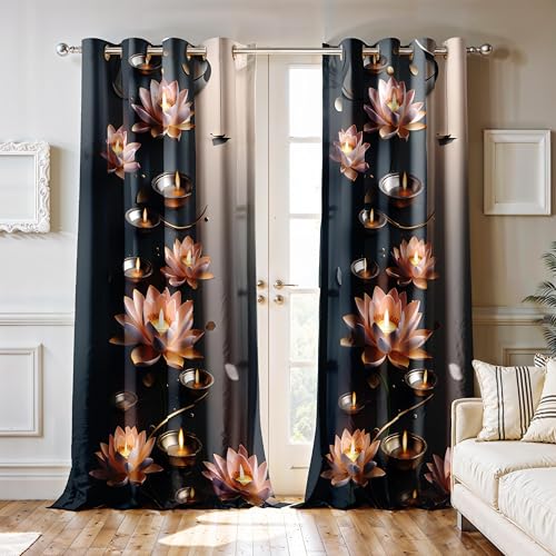 Image of Ultimate Trends Festival Themed Light Filtering Polyester Curtain Diya, Lantern, Lotus & Fireworks Print | Ideal for Diwali, Pooja Room, Living Room Dcor | Eyelets|, 7 FEET (Pack of 2)