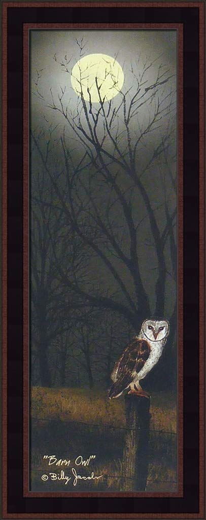 Barn Owl by Billy Jacobs 11x27 Midnight Night Time Full Moon Fence Post Autumn Fall Season Framed Folk Art Print Picture