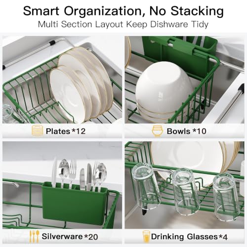 Image of JASIWAY Green Dish Drying Rack in Sink, Dish Drainer with Utensil Holder