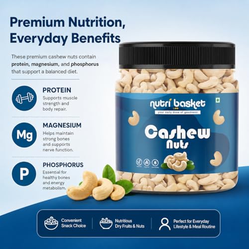 Image of NUTRI BASKET Whole Cashews /Kaju | Premium Unsalted Cashew Nuts | Rich in Protein, Magnesium & Phosphorus | Crunchy Fresh Dry Fruits for Snacking, Cooking, Desserts & Daily Nutrition (150g)