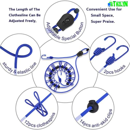 Image of TAZLYN Black Retractable Clothesline with Hooks and Clips, 4m Nylon Rope, Pack of 3, 13ft Cloth Drying Wire with 12 Clips