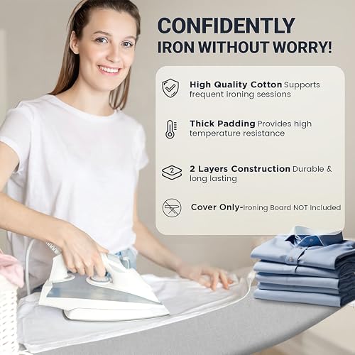 Image of Ironing Board Cover and Pad 15 inchx54 inch Extra Thick Natural Cotton, Scorch and Stain Resistant Padding, Standard Size Iron Board Cover with Fasteners Heavy Duty Elastic Edge, Heatproof Gray