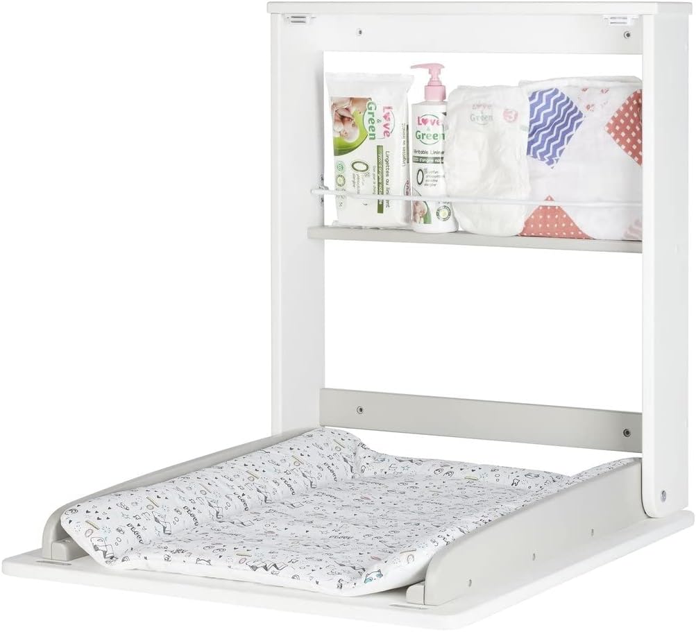 Wall Mounted Changing Table, fold Down Baby Changing Unit with Changing mat and Storage