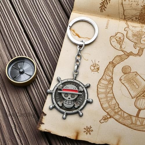 Image of One Piece Anima Manga Pirate Flag Logo Wheel Rotating Heavy Metal Keychain,|Anime Key ring| Perfect Keychain For Anime Lover|car Bikes Gold & Grey Combo pack