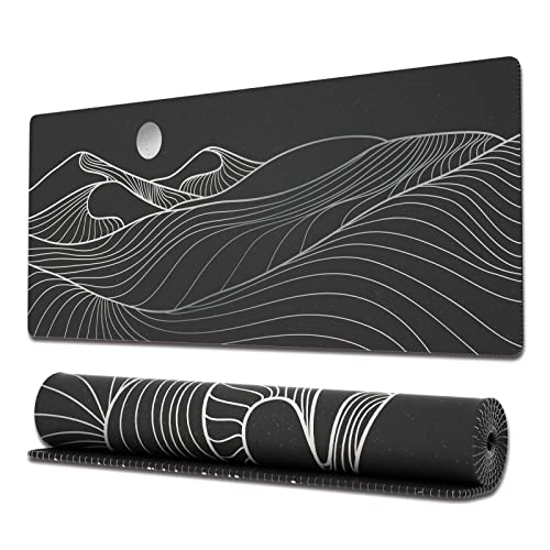 Image of Ovenbird Large Gaming Mouse Pad with Stitched Edges, Minimalist Mountains and Sun Desk Mat, Extended XL Mousepad with Anti-Slip Base, Desk Pad for Keyboard and Mouse, 31.5 x 11.8 in, Black