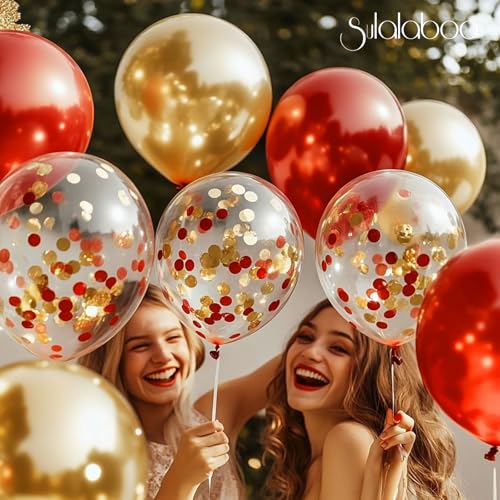 Image of Metallic Red and Gold Balloons 12Inch 73PCS Gold Red Confetti Latex Balloons Shiny Helium Balloon Set for Birthday Anniversary Graduation Party Decorations