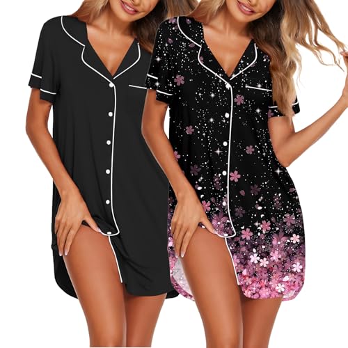 Image of Ekouaer Nightgowns for Women 2 Pack Button Down Sleepwear Short Sleeve Sleepshirts Soft Nightshirts Boyfriend Pajama Dress