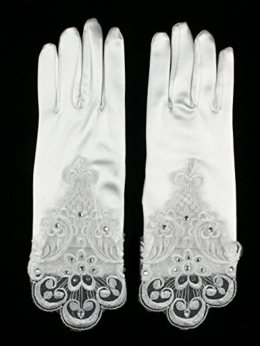 Girls Wrist Length Lace Cuff Crystal Stretchy Satin Gloves2