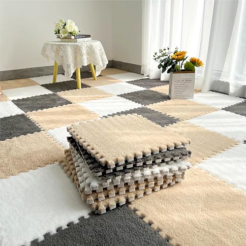 12 Pcs Plush Interlocking Carpet Tiles, Non-Toxic Foam Carpet Tiles for Toddler Baby, Anti-Slip, EVA Foam Interlocking Tiles for Floor, Nursery, Grey White Light Brown