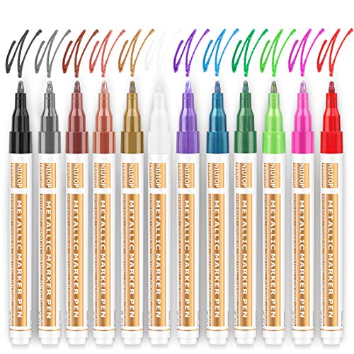 Metallic Paint Pens for Rock Painting, 12 Bright Colors Paint Markers Kit for Glass, Stone, Wood, Fabric, Ceramic & More, Smooth Flowing, Extra Fine Tip, Water Based, Acid Free Non Toxic, Quick-Dry