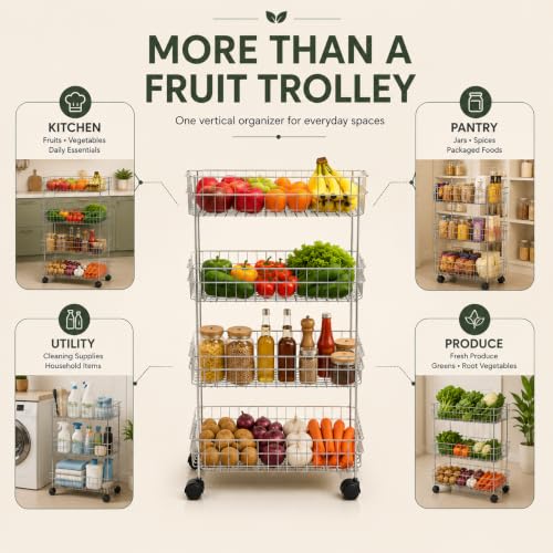 Image of TUNIS 4 Tier Stainless Steel Wire Storage Basket Trolley |Fruit & Vegetable Trolley with 360 Moving Wheels| Rack for Kitchen, Fruits, Vegetables & Grocery Storage, Movable Organizer Cart