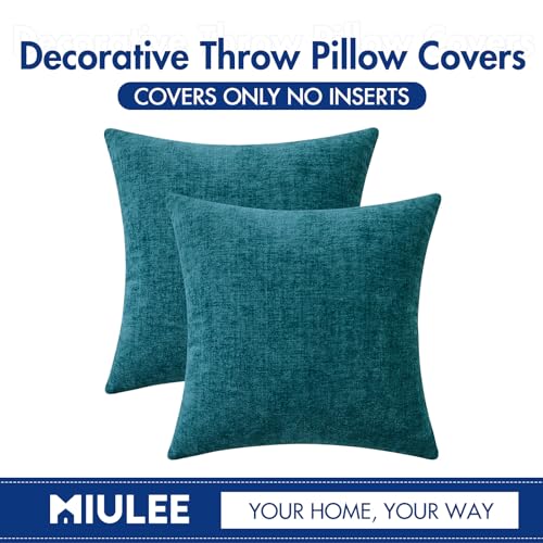Image of MIULEE Pack of 2 Dark Teal Throw Pillow Covers 18x18 Inch Soft Chenille Pillow Covers for Sofa Living Room Couch Solid Dyed Cases