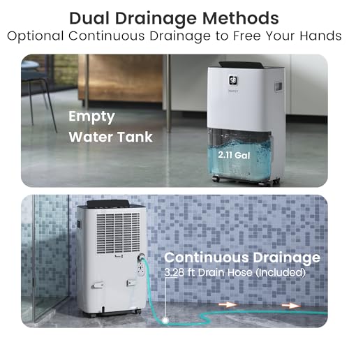 Image of Yaufey 150 Pint Dehumidifier for Basement Home 8000 Sq. Ft. with Drain Hose | Continuous Drain & Large Water Tank 2.11 Gal, Intelligent Humidity Control, Quiet Operation, Auto Shut Off, Timer for Home