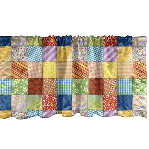Lunarable Colorful Window Valance, Quilt Style Floral Plaid And Geometric Design Old Fashioned Patchwork Pattern, Curtain Valance For Kitchen Bedroom Decor With Rod Pocket, 54" X 12", Yellow Brown #TOP11