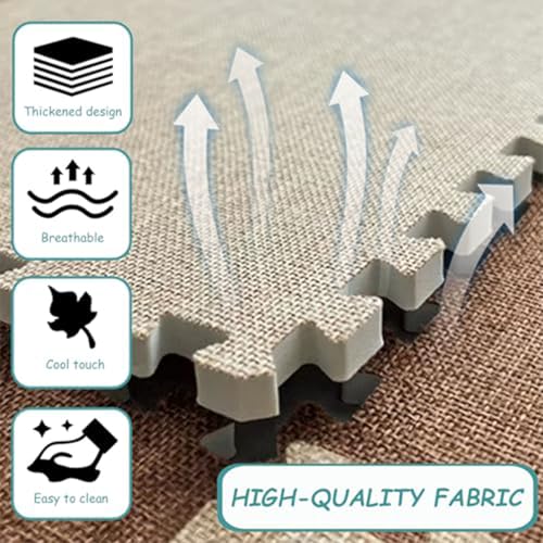 AHTCPO 9 Pieces Cotton Linen Puzzle Foam Floor Mat,Set Foam Floor Mat with Border, for Home Playroom, Yoga or Gym(Brown,4p)