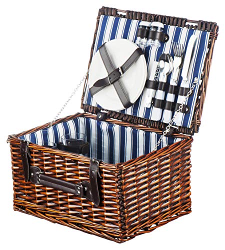 Picnic Basket for 2 | Handmade Picnic Hamper Set | Ceramic Plates Complete Kit Includes Metal Flatware Wine Glasses S/P Shakers and Bottle Opener | Blue Stripe Pattern Lining | Picnic Tote Wine Gifts - Thumbnail 2