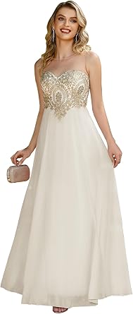 MisShow Women's Elegant Bridesmaid Dress,Chiffon Sheer Back A line Lace Sleeveless Round Neck Appliques Long Evening Dress 620