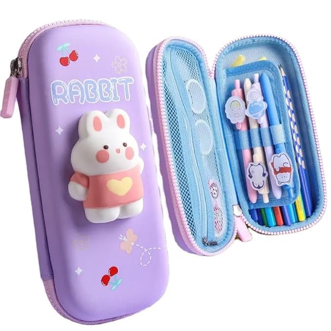 Image of Ethylene Vinyl Acetate (Eva) 3D Rabbit Pencil Box With Cute Rabbit Squishy For Boys For Girls And Kids For School 3D Embossed Pencil Zipper Pouch Storage Box Pencil Case (Purple)