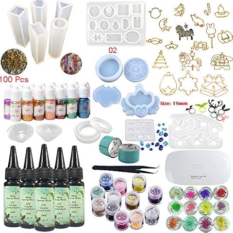 Clear Resin Kit with Pigment & Molds & UV Light, 5 Epoxy Resin 15 Pearlescent Color Pigments 24 Glitters & Flowers 31 Molds & Bezels, Earrings Bracelets Rings Pendants Jewelry Making, with Tweezers Cover