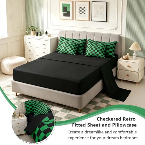 Image of Feelyou Checkered 7 Piece Bedding Set Teen Green Black Plaid Comforter Set with Sheets King Size Kids Boys Cute Retro Neutral Checkerboard Geometric Bed in a Bag Vintage Aesthetic Room Decor