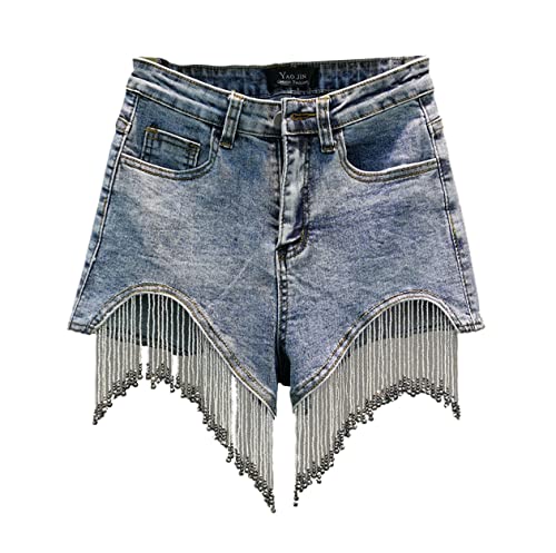 Short taille haute avec strass et franges scintillantes bleu L