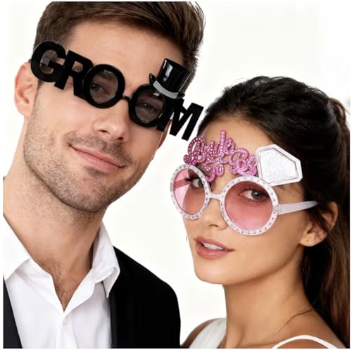 Image of AMFIN {Pack of 2) Bride to Be & Groom Sunglasses for Wedding | Bridal Shower Couple Glasses with Rhinestones | Engagement Mehndi Bachelorette Props | Photo Booth - Pink Black