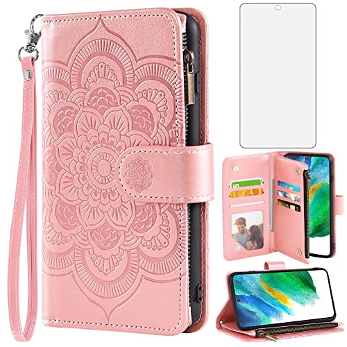 Coque Samsung S21 FE étui portefeuille cuir rose avec porte carte