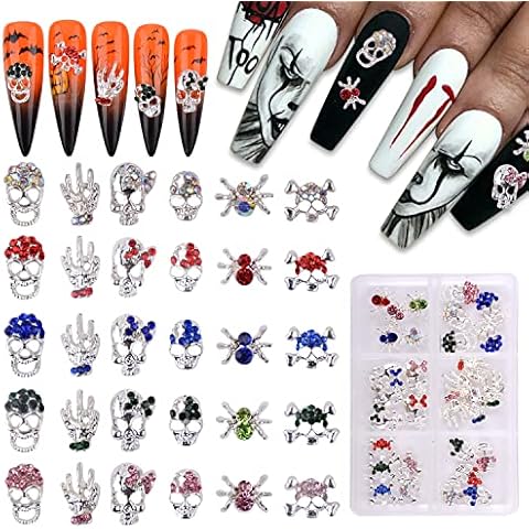 QIMYAR Halloween Charms For Nails,5 Colors 3D Halloween Nail Art Charms with Crystal Rhinestones Nail Decoration Mixed Skull Spider Skeleton Hands Design Luxury Silver Metal Nail Accessories 30Pcs/Box Cover