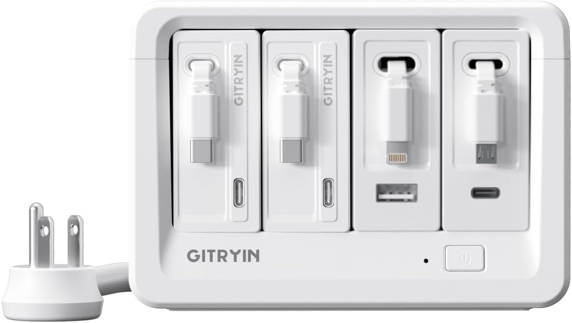 Gitryin 1 Micro USB, 1 Lightning, 2 Type-C Retractable Wall Chargers with 1 USB A Port and 1 Power Strip, 12-in-1 Modular Charging Station