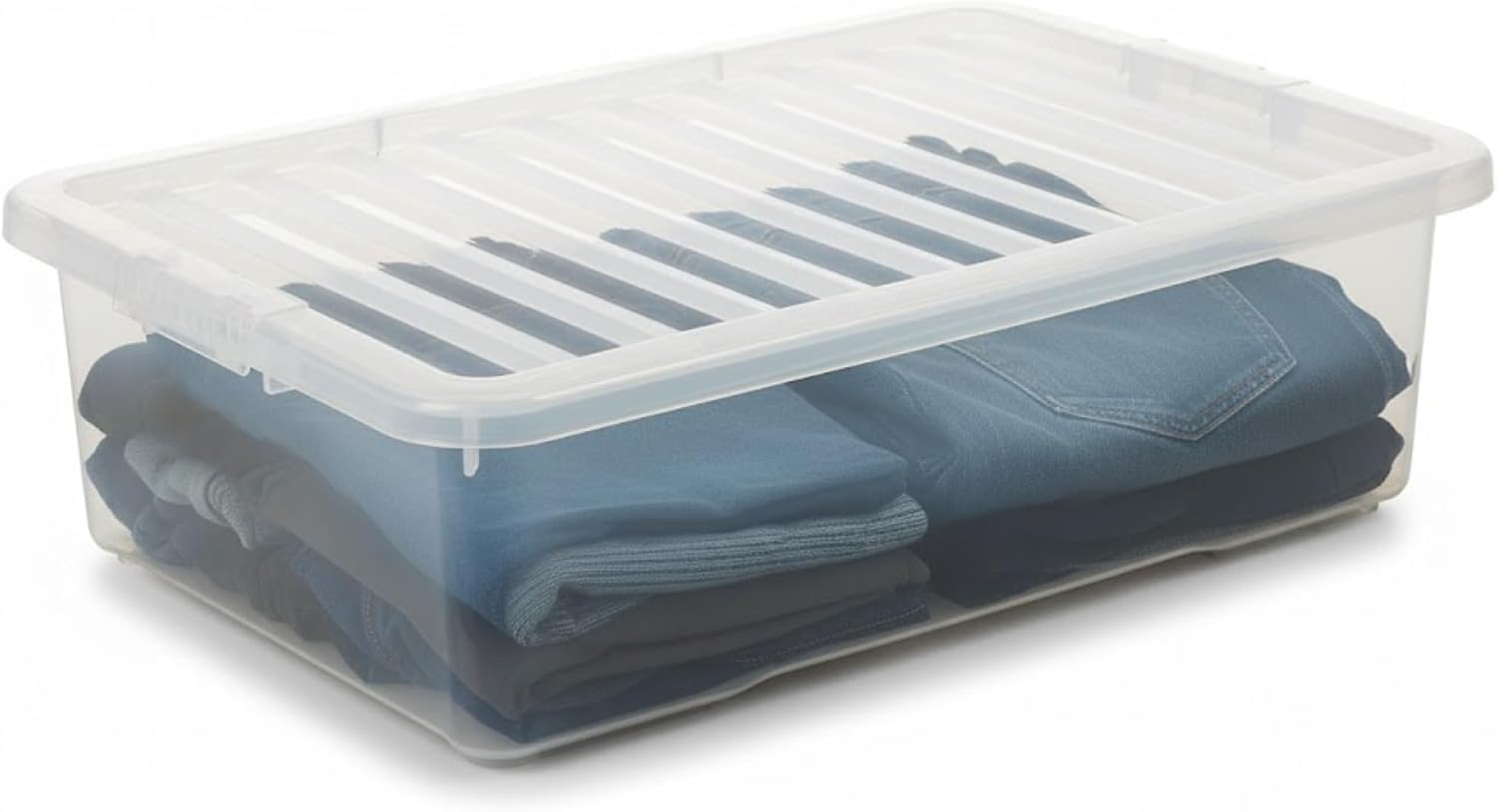 1 Pack 32L Underbed Storage Box with Clear Clip-On Lid - Clear Plastic Storage Container, 60 x 40 x 18cm - Stackable & Nestable Organiser For Clothes, Bedding, Shoes, Toys & Household Space Saving