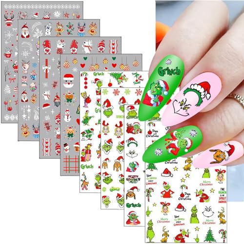 Nagelsticker Weihnachten，8 Blatt Grinch Nail Sticker...