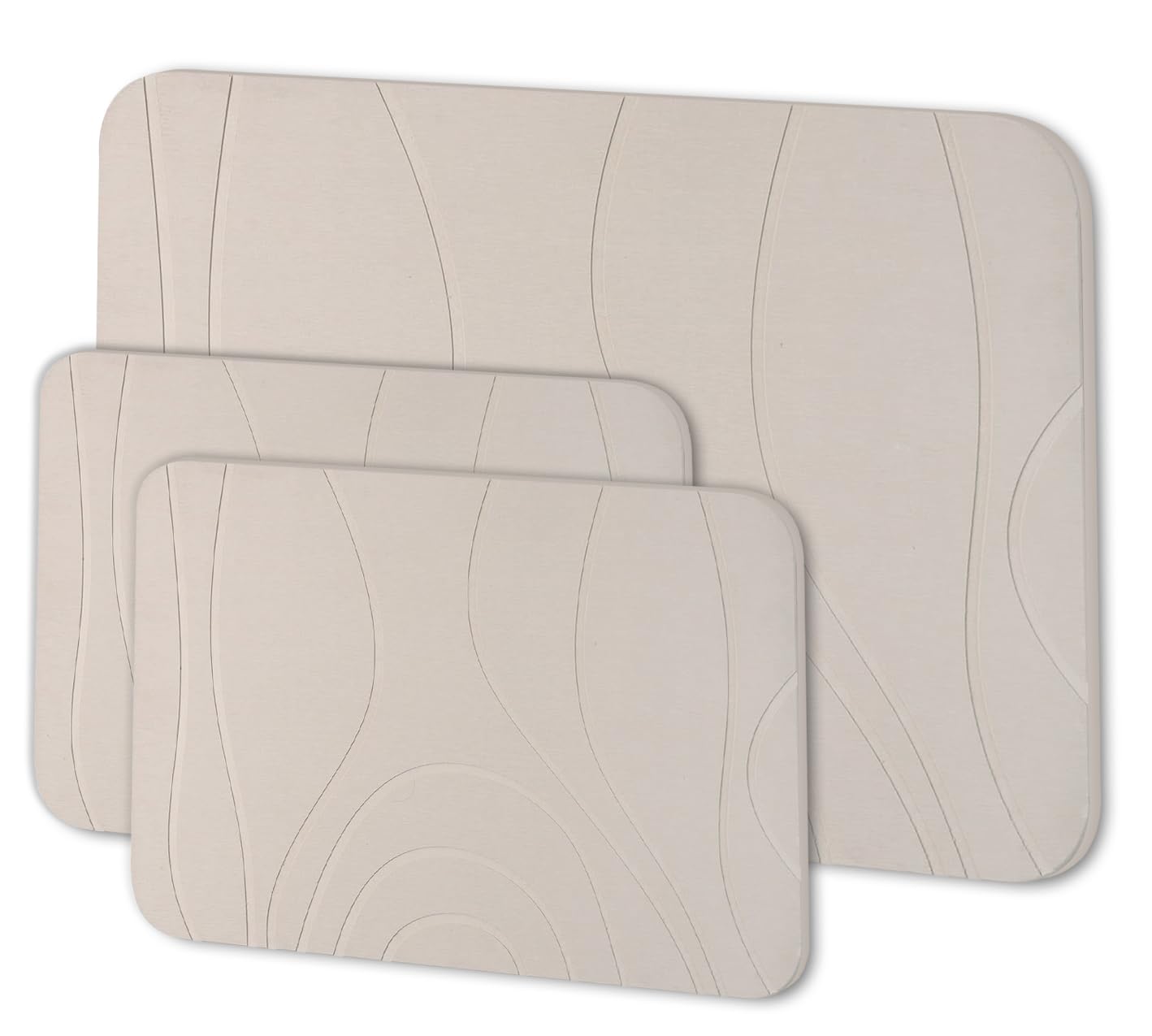 Alfombrilla de baño de piedra, alfombrilla de ducha de tierra de diatomeas, juego de 3, antideslizante, súper absorbente, de secado rápido, 24 x 15 pulgadas, color blanco grisáceo
