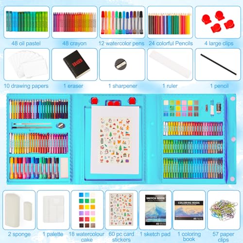 Image of KINSPORY Art Set for Kids, 290 Pack Double-Side Easel Drawing Kits (Blue) | Creative Gift, art & crafts supplies, Coloring, oil pastel, crayon, colored pencil, watercolour pen, Beginner Artist Girl Boy