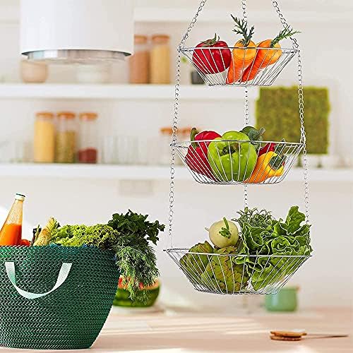 3 Tier Hanging Fruit Basket, Kitchen Hanging Fruit Basket, Hanging Fruit Basket, Metal Fruit Basket, for Putting Fruit Veggies Snack Household Items, Silver