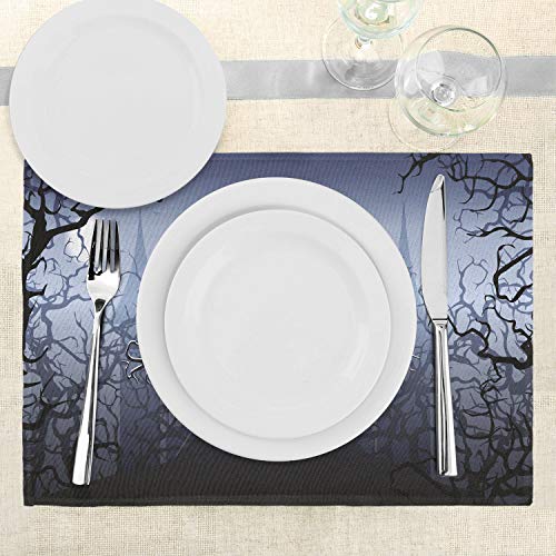 Lunarable Halloween Place Mats Set Of 4, Misty Dark Forest Swirling Twiggy Spooky Branch Nature Trick Or Treat Halloween, Washable Fabric Placemats For Dining Table, Standard Size, Grey Black #TOP2