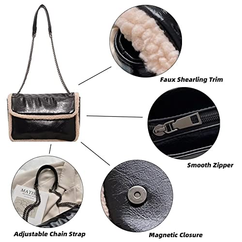 Mudono Shoulder Bag for Women Soft Glossy Crossbody Bag Square Purse Handbag with Faux Shearling Trim and Chain Strap4