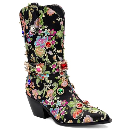 LOCERICH Women Rhinestone Cowboy Sparkly Cowgirl Boots Diamond Western Floral Embroidery Mid Calf Booties