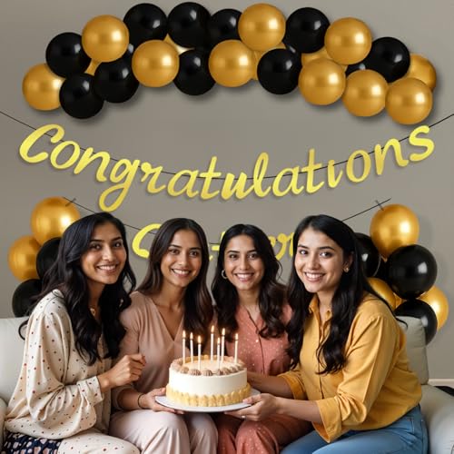 Image of Party Propz Congratulations Banner and Balloons For Decoration - Set of 43 Pcs Congratulations Decorations Items | Graduation Decoration Items | Black and Gold Balloons (Cardstock, Latex)