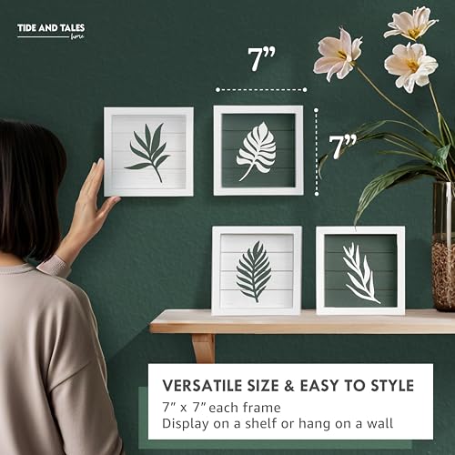3D Green Botanical Wall Art (Framed Set of 4) Lightweight, Ready-to-Hang Leaf Decor - Wooden Minimalist Boho Wall Art for Bathroom, Bedroom, Living Room or Office - Farmhouse Plant Artwork 7"x7" - Image 4
