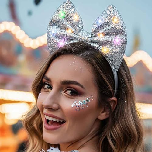 Yokawe Light Up Red Sequins Bow Headband Flashing LED Bowknot Hair Accessory for Women Adjustable Elastic 3 Modes Glow for Festivals & Costumes(Silver)
