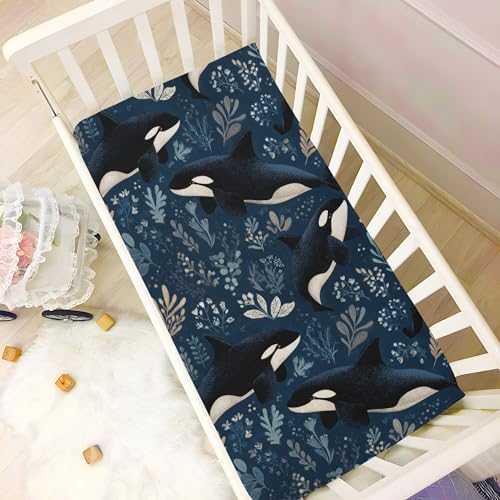 Image of Sea Orcas Retro Crib Sheets Soft Breathable Fitted Baby Crib Sheets Mattress Cover for Girls Boys, 52 inch x 28 inch x 9 inch
