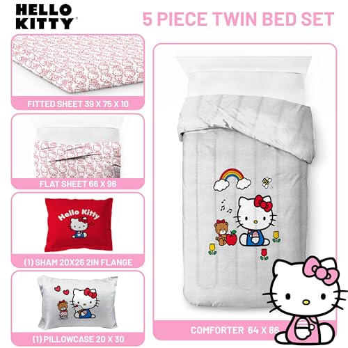 Image of Sanrio Hello Kitty Twin Comforter Set 5 Piece Bedding for Girls, Grey | Bed in a Bag, Comforter Sheets Sham Pillowcase, Official Product, Soft Microfiber, Machine Washable, Easy Care, Girls Gift