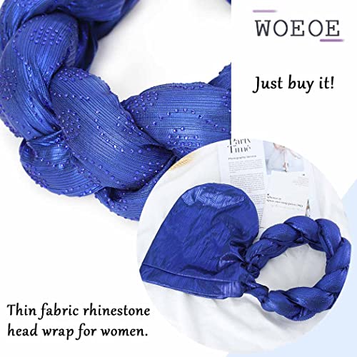 Woeoe African Turban Head Wrap Navy Blue Braid Beanie Cap Headwear Crystals Twisted Head Turbans For Women And Girls (Blue) #TOP4