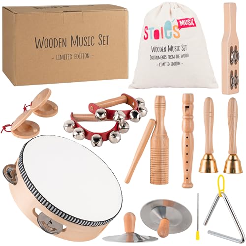 Set de Instrumentos Musicales de Madera Stoie’s para Niños de 1-9 Años – Tambor, Flauta, Campanitas, Platillos, Castañuelas, Triángulo, Juguete Montessori, Seguro, con Bolsa de Algodón