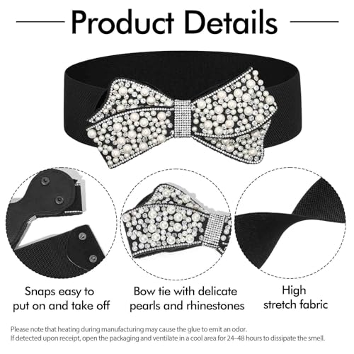 Elastic Pearl Belt Women Black Rhinestone Bow Tie Stretch Belts Sparkly Crystal Wide Waist Belts for Dress3